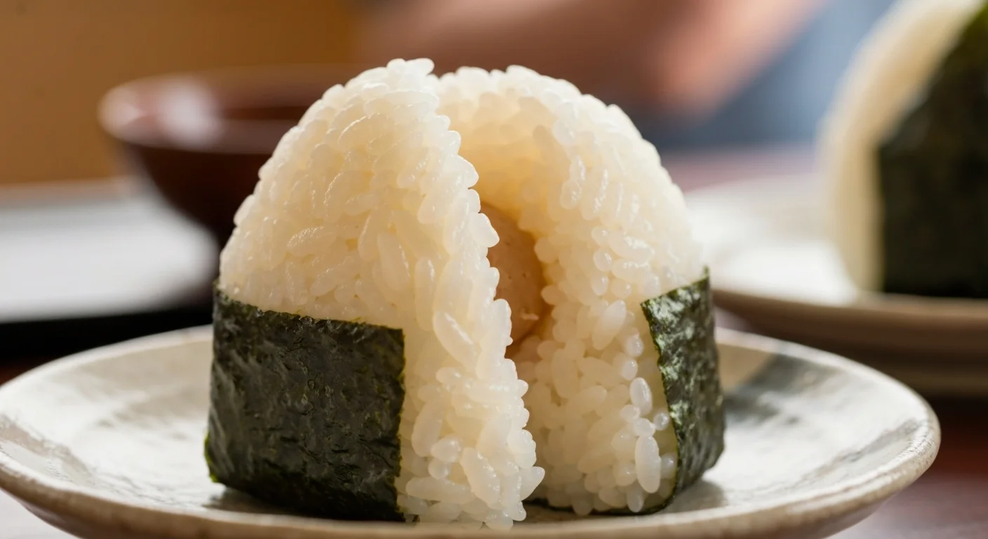 半分に割ったおにぎりの断面から具材が見える持ち帰り向けの料理写真