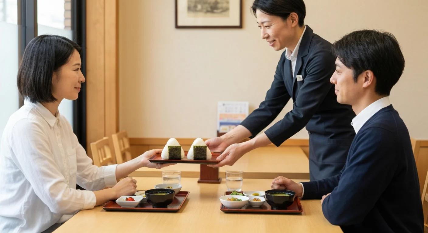 昼の店内でカウンター越しにおにぎりを手渡す接客の場面