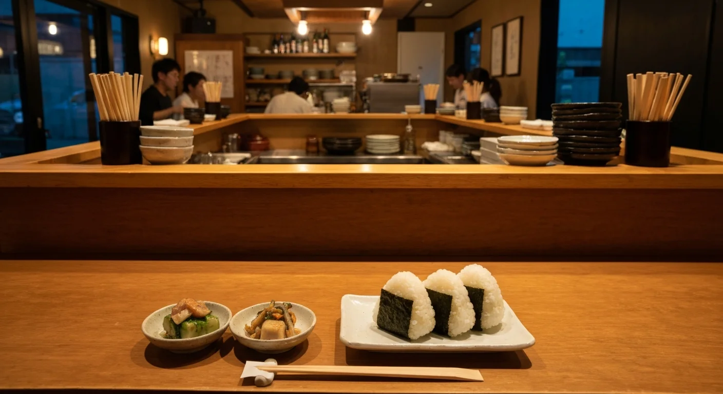 夜の照明が入った店内カウンターに小皿料理と飲み物が並ぶ様子