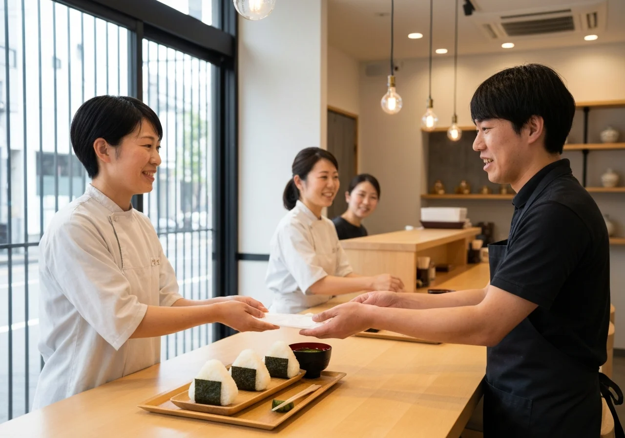 カウンター越しにおにぎりを渡しながら会話する昼の接客風景