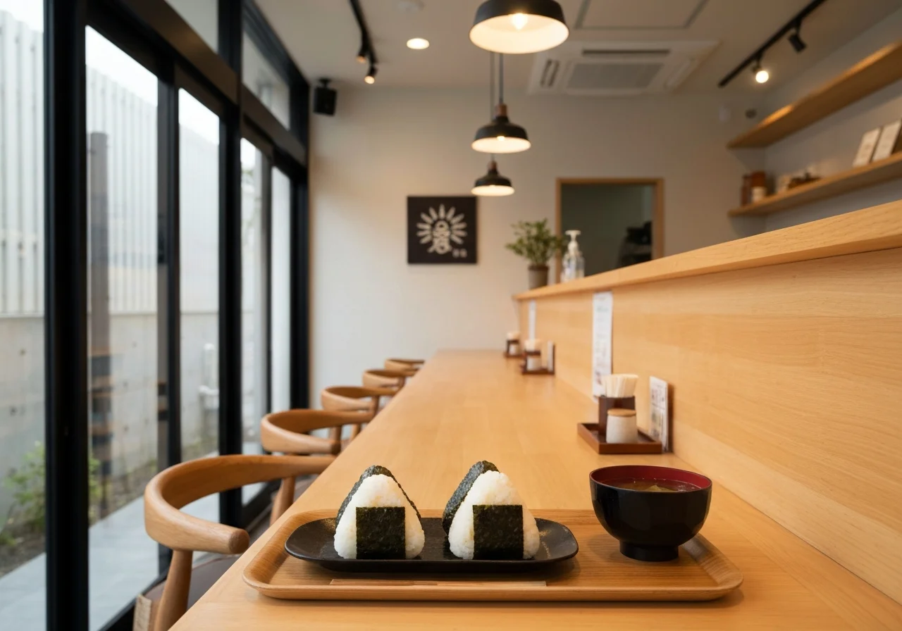 木のカウンター越しに握りたてのおにぎりセットを受け取る昼の店内