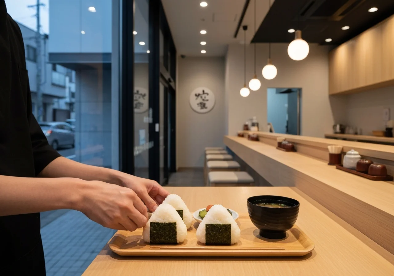 夜の店内で小皿料理とおにぎりを並べたテーブルの手元