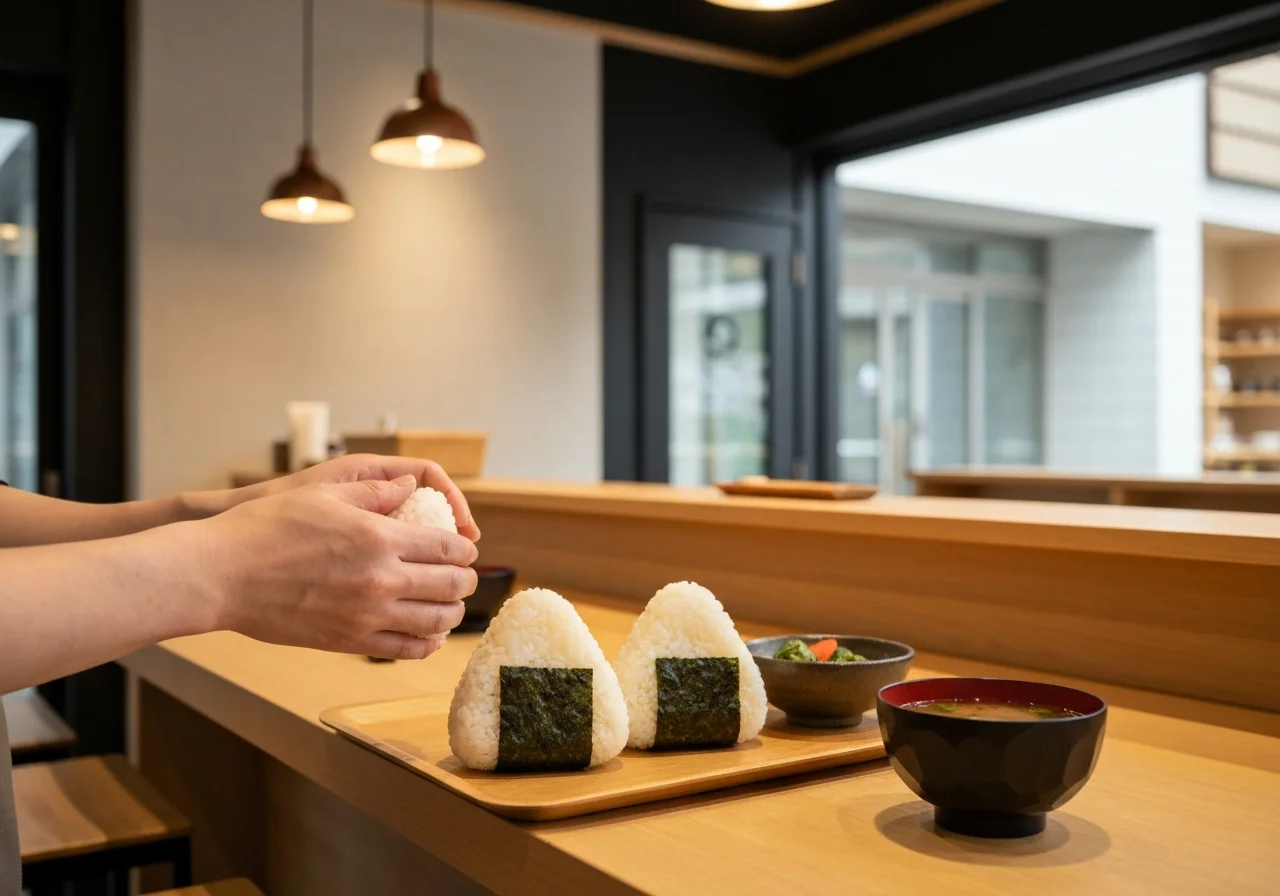 手のひらで具入りのおにぎりを包み込むように握る調理の手元