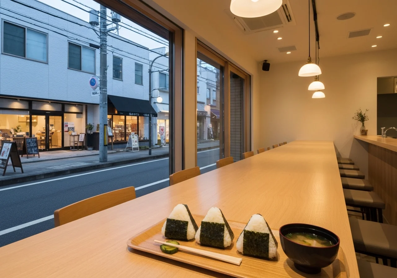 萱町商店街に面した店舗外観を斜めから見た夕方の街並み